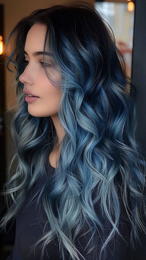 24 Bewitching Blue Black Hair Styles Cute Hair Ideas For Prom, Blue Blonde Black Hair, Dark To Light Blue Hair, Blue Ombre Hair Medium Length, Dimensional Blue Hair, Gray And Blue Hair, Black And Blue Ombre Hair, Blue Halo Hair, Smokey Blue Hair