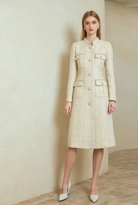 Chanel Long Dress, Tweed Dress Outfit Classy, Tweed Dress Outfit, Chanel Tweed Dress, Tweed Fashion, Tweed Outfit, Chanel Coat, Royal Outfits, Fashionista Clothes