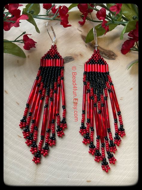 Beaded Fringe Earrings, Red and Black Boho Earrings, Country Western Cowgirl Style Hippie Jewelry, Gift for Her, Shoulder Duster, Bead4fun - Etsy Red Bohemian Jewelry With Beaded Fringe, Red Bohemian Beaded Fringe Jewelry, Elegant Red Beaded Fringe Earrings, Red And Black Seed Bead Earrings, Red Bohemian Beaded Fringe Earrings, Fringe Beaded Earrings, Boho Queen, Black Boho, Bohemian Lifestyle