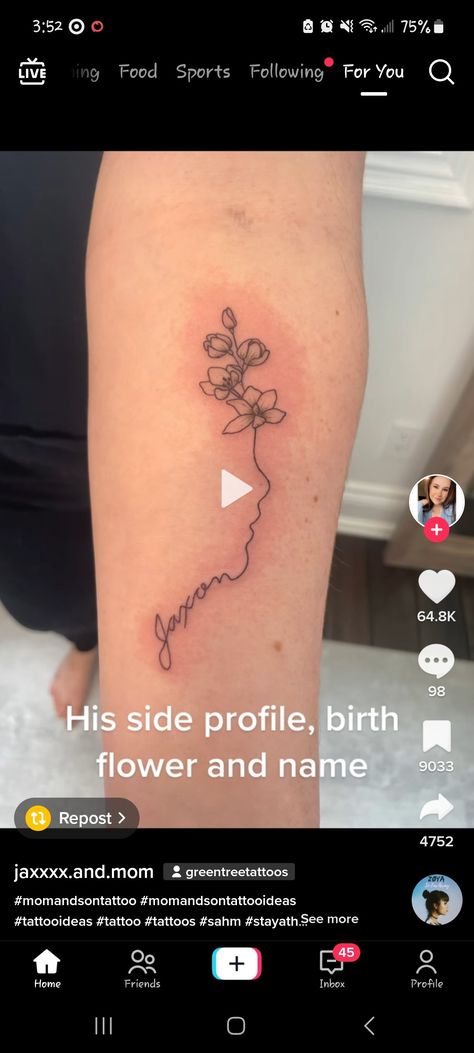 Baby Side Profile Tattoo With Flowers, Child Profile Tattoo, Baby Side Profile Tattoo, Baby Profile Tattoo, Side Profile Tattoo, Profile Tattoo, American Traditional Sleeve, Sternum Tattoo Design, Baby Tattoo Designs