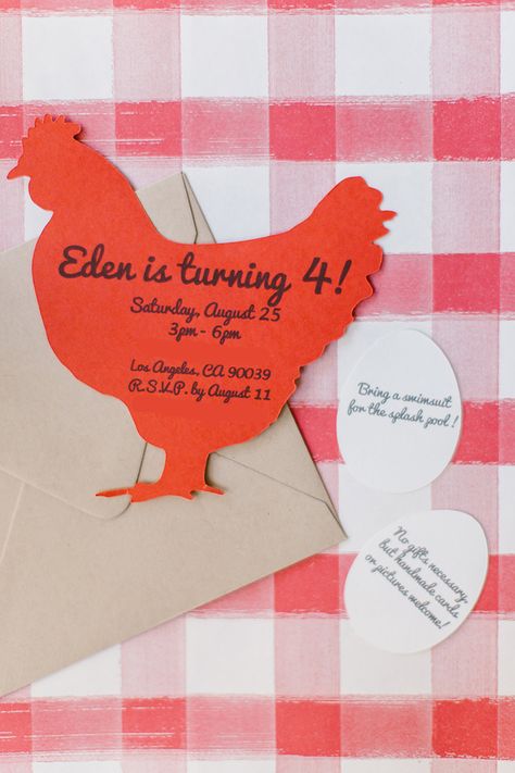 1st Birthday Rooster Theme, Chicken Birthday Party Invitation, 2nd Birthday Chicken Theme, Farm Fourth Birthday, Rooster Themed Birthday Party, Chicken Party Decorations, Rooster Birthday Party Ideas, Chicken Party Ideas, Chicken First Birthday Party