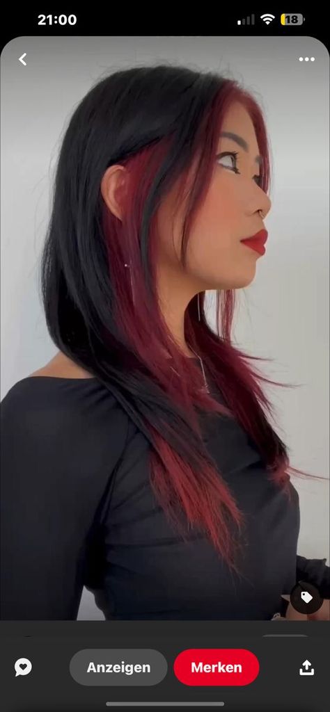 Black Hair W Red Underneath, Black Hair Dyed Red Underneath, Brown Hair With Colored Underneath, Brunette Hair With Colour Underneath, Red Bangs And Under Hair, Red Hair Front Pieces, Red Dye Underneath Hair, Black Hair Red Front Pieces, Short Black Hair With Red Underneath