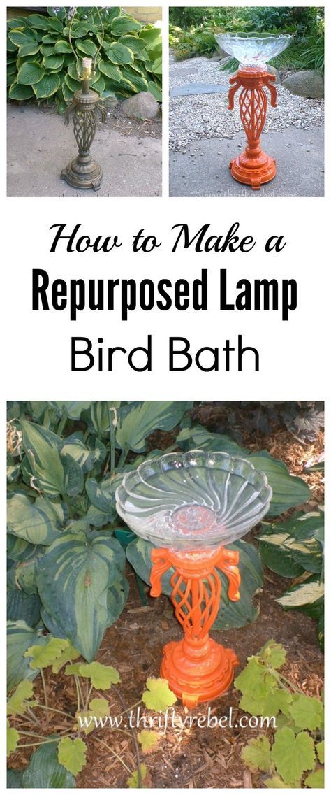 How to make a repurposed lamp bird bath / thriftyrebelvintage.com Concrete Birdbath Base Repurpose, Lamp Birdbath Diy, Upcycle Bird Bath, Repurposed Chandelier, Birdbath Ideas, Garden Tricks, Bath Diy, Garden Patios, Bath Garden