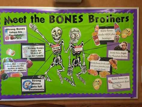 Meet the Bones Brothers!  Strong Bones and Brittle Bones are here to grace any unit with their lessons on how to keep bones strong.  Although I posted this board for Halloween, it could be used anytime of year with small seasonal modifications.  For example, if you wanted to use it January, you could put “Celebrate … School Nurse Elementary, Nutrition Bulletin Boards, Nurse Bulletin Board, School Nurse Office Decorations, Health Bulletin Boards, Elementary Bulletin Boards, Bulletin Boards Theme, School Nurse Office, Work Bulletin Boards