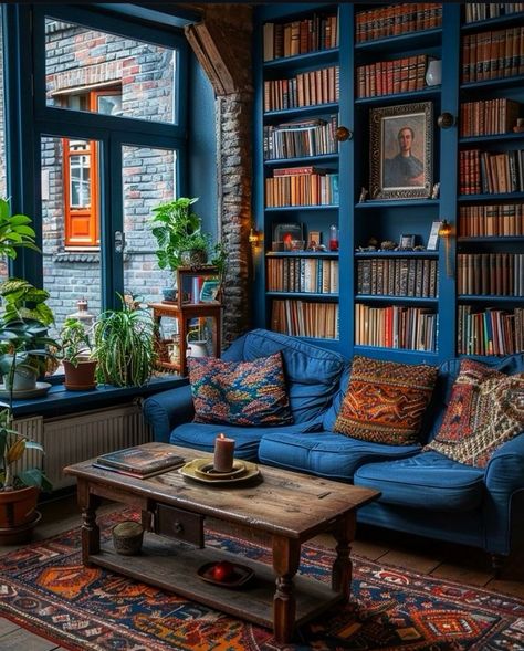 Bright Home Library, Blue Library Room, Palette Bookshelf, Purple Library, Enchanted Library, Blue Library, Cozy Window Nook, Dream Home Library, Cosy Reading Corner