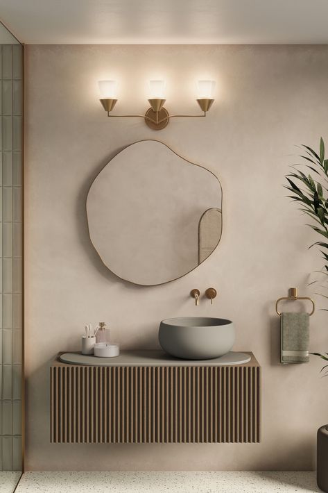 new Pinellas Vanity Light Curves Interior Design, Gold Vanity Lighting, Interior Design Bathroom, Gold Vanity, Outdoor Lighting Fixtures, Popular Interior Design, Earthy Color Palette, Modern Organic, Lighting Trends