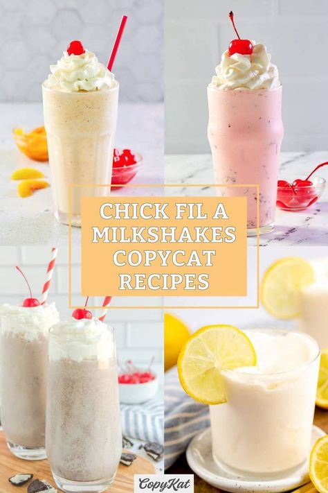 The best copycat recipes for Chick Fil A milkshakes! Learn how to make Chick Fil A shakes including regular menu seasonal, and frosted ones. Chick Fil A Milkshake Recipe, Fast Food At Home, Banana Pudding Milkshake, Coffee Frosting Recipe, Chick Fil A Recipe Copycat, Mcdonalds Sweet Tea, Vanilla Milkshake Recipe, Peppermint Shake, Peppermint Milkshake