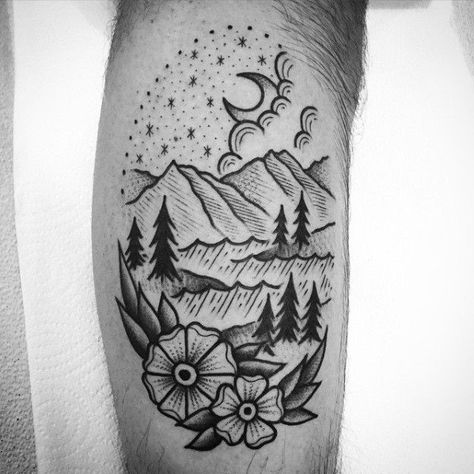 40 Traditional Mountain Tattoo Designs For Men - Old School Ink Ideas Traditional Mountain Tattoo, Berg Tattoo, Old School Ink, Mountain Tattoo Design, Shape Tattoo, Landscape Tattoo, Muster Tattoos, Initial Tattoo, Tattoo Girls