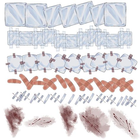 bandages and scratches - CLIP STUDIO ASSETS Bandage Art Reference, Loose Bandages Drawing Reference, Leg Bandages Drawing Reference, Bandage Reference Drawing, Bandage Tutorial, How To Draw Injuries, Bandage Painting, Drawing Bandages, Hand Bandages Drawing