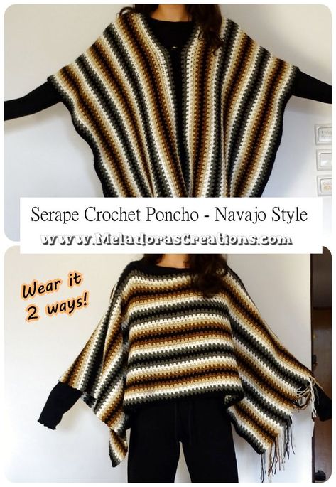 I decided to go with a Navajo Style pattern with this Serape Crochet Poncho. My daughter loves the different ways she can wear it, she's only started exploring them. #freecrochetpattern #crochetponcho #ponchocrochet #crochetserape #crochetmenponcho #crochetformen #crochetmenponcho #crochetserapepattern #meladorascreations #SerapeCrochetPoncho #SerapeCrochetPonchofreecrochetpattern Men’s Crochet Poncho, Crochet Wearable Blanket, Crochet Poncho With Sleeves Free Pattern, Granny Square Poncho Pattern Free, Serape Poncho, Granny Square Poncho, Poncho Au Crochet, Crochet Men, Boho Poncho