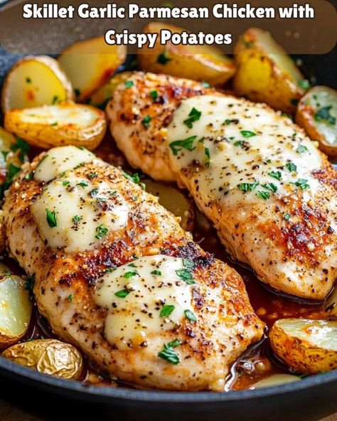 Flavor Family Creations | Skillet Garlic Parmesan Chicken with Crispy Potatoes: | Facebook Cast Iron Skillet Chicken Parmesan, Garlic Parmesan Chicken And Potatoes, Parmesan Chicken And Potatoes, Iron Skillet Chicken, Skillet Chicken Parmesan, Garlic Parmesan Chicken, Parmesan Chicken, Crispy Potatoes, Garlic Parmesan