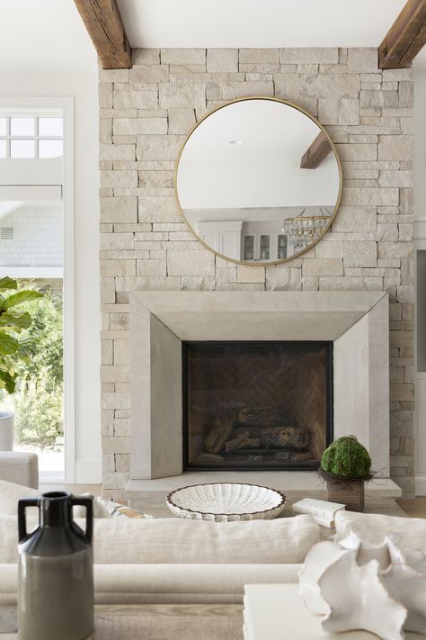 Classic Stone Fireplace, Studio Mcgee Stone Fireplace, Lights By Fireplace, How To Modernize A Stone Fireplace, Transitional Home Fireplace, Smooth Stone Fireplace, High End Fireplace Design, Interior Stone Fireplace, Modern Chic Fireplace