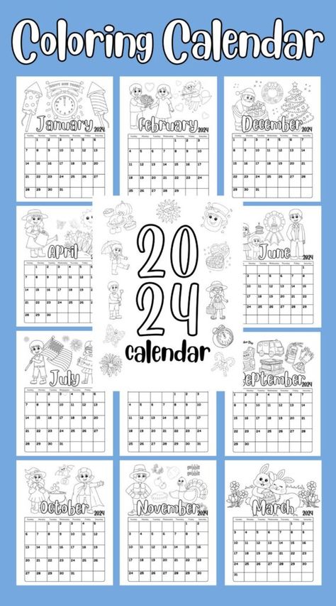 2024 Coloring Calendar for kids. Free DIY Coloring Calendar for the entire year. #printable #calendar #kidsactivities #teachers Monthly Celebration, Free Adult Coloring Printables, Calendar For Kids, Coloring Printables, Winter Holiday Crafts, Adult Colouring Printables, Coloring Calendar, Calendar Download, Free Calendar