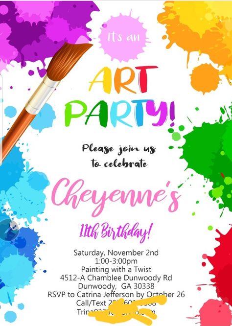 Art Birthday Party Invitations Free, Paint Party Invites Free Printable, 3rd Birthday Party For Girls, Art Birthday Party Invitations, Painted Invitations, Art Themed Party, Birthday Party Invitations Free, Christmas Party Backdrop, Art Party Invitations