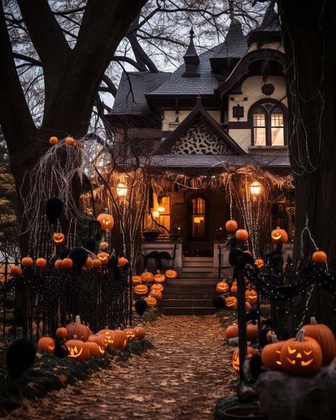 Halloween Decor Exterior House, Traditional Halloween Aesthetic, Return To Halloweentown Aesthetic, House Decorated For Halloween Exterior, Halloween Victorian House, Halloween Home Aesthetic, Gothic Halloween Aesthetic, Halloween House Aesthetic, Spooky Home Aesthetic