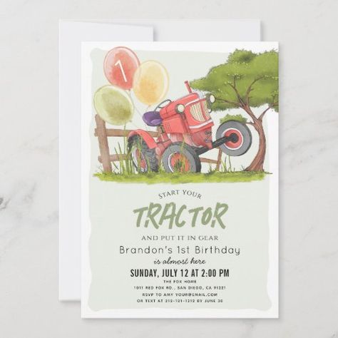 $2.98 | Red Tractor Farm Boy 1st Birthday #1st birthday, tractor, baby boy, field, tree, first birthday, watercolor, farmland, red Farm Birthday Party Invitations, 1st Birthday Invitations Boy, Crop Field, Farm Themed Birthday Party, Boy Shower Invitations, Tractor Birthday, Farm Birthday Party, Farm Boys, Red Tractor