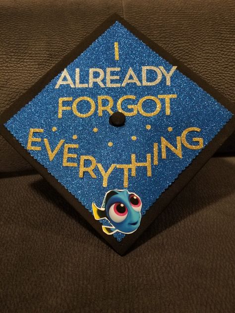 Finding Dory Graduation cap, i already forgot everything. Funny grad caps. Disney graduation hats. Already Forgot Everything Grad Cap, College Graduation Cap Decoration Funny, Elton John Graduation Cap, Ratatouille Graduation Cap, Grad Cap Funny, Dory Graduation Cap, Funny Grad Caps, Funny Graduation Cap Decoration, Funny Graduation Cap Designs