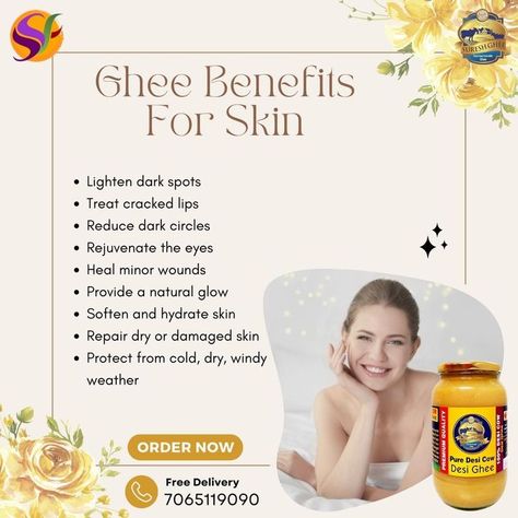 Ayurveda recommends using ghee for skin care because it has nourishing as well as hydrating properties. Being a natural remedy, it gives a natural look. A natural look is always associated with authenticity. Ghee For Skin, Ghee Benefits, Desi Cow, Cow Ghee, Sleep Remedies, Cracked Lips, Lighten Dark Spots, Reduce Dark Circles, For Skin Care