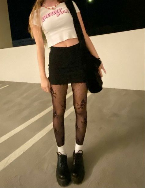 Skirt And Tights Outfit Summer, Baby Tee And Skirt Outfit, Unif Outfit Aesthetic, Y2k Tights Outfit, Skull Tights Outfit, Summer Outfits With Tights, Baby Tee And Skirt, Tights Skirt Outfit, Doll Outfits Aesthetic