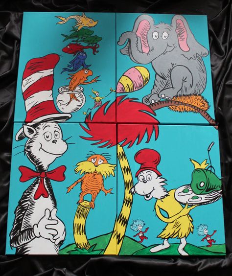 Dr Seuss Mural, Doctor Suess Classroom, Dr Suess Characters, Disney Canvas Paintings, Dr Seuss Art, Dr Seuss Nursery, Draw Better, Dr Seuss Crafts, Chest Ideas