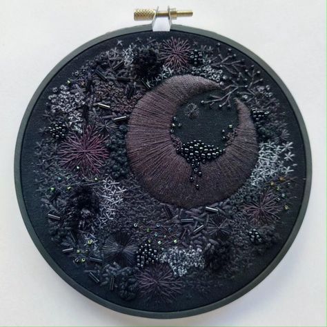 Abstract black embroidery piece with beads in a black 15cm bamboo hoop. All Black Embroidery, Textile Embroidery Art, Dark Embroidery Designs, Goth Embroidery Patterns, Moody Embroidery, Gothic Embroidery Patterns, Beaded Embroidery Designs, Dark Academia Embroidery, Vampire Embroidery