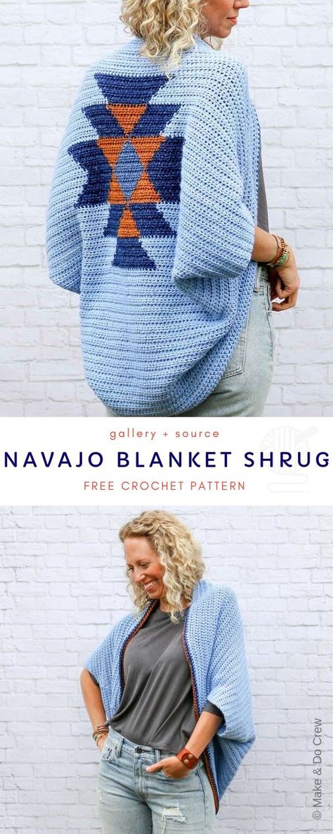 Navajo Blue Blanket Shrug FREE CROCHET PATTERN Crochet Shrugs, Comfy Crochet, Crochet Coats, Navajo Blanket, Yarn Creations, Crochet Wearables, Crochet Patterns Free, Diy Clothes Videos, Crochet Sweaters