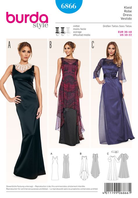 Purchase Burda 6866 Dresses and read its pattern reviews. Find other Dresses,  sewing patterns. Long Dress Sewing Patterns, Evening Dress Sewing Patterns, Womens Evening Gowns, Gown Sewing Pattern, Simple Dress Pattern, Evening Dress Patterns, Burda Sewing Patterns, Patron Vintage, Dresses By Pattern