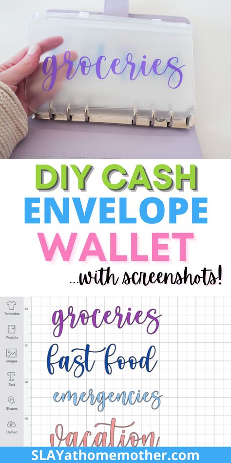 Create your own cash envelope wallet system with this easy Cricut DIY tutorial - free label deisngs included! #cricutmade #cricutcreated #slayathomemother #cashenvelope #budgeting #savingmoney #cashenvelopewallet #daveramsey Cricut Cash Envelopes, Cash Envelope Labels Free Printables, Budget Binder Ideas Cricut, Budget Book Diy, Diy Cash Envelope Wallet, Cash Stuffing Envelopes, Money Tricks, Cash Envelope Budget System, Envelope Budget