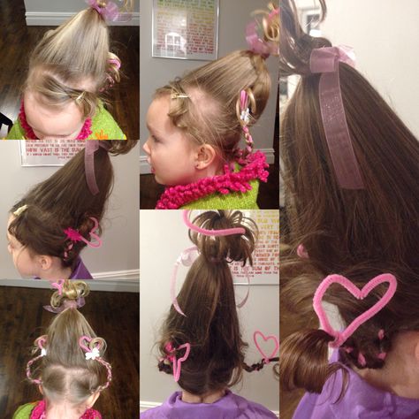 Our whoville who hair for the girls children's Christmas costume Grinch Play, Who Hair, Whoville Costumes, Cindy Lou Who Hair, Cindy Lou Who Costume, Whoville Hair, Step Hairstyle, Seussical Jr, Low Bun Wedding Hair