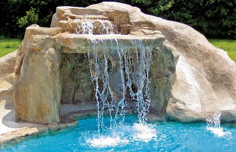 Pools With Waterfalls & Custom Swimming Pool Designs | Blue Haven Pools Swimming Pool Slides, Blue Haven Pools, Swimming Pool Waterfall, Dream Backyard Pool, Living Pool, Swimming Pool Photos, Rock Waterfall, Custom Swimming Pool, Pool Water Features