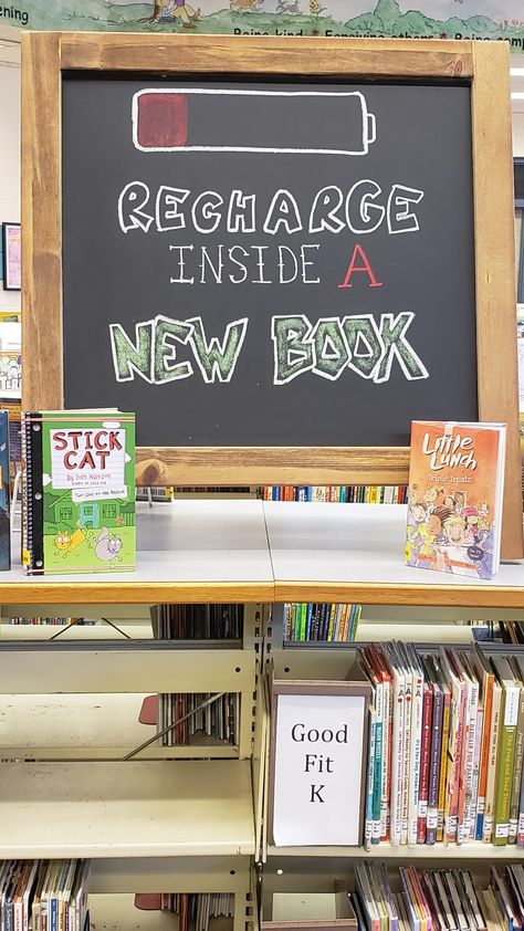 New book display sign. Return Books Here Sign, Bookshop Display Ideas, Book Swap Display, Book Sale Display Ideas, New Books Display, New Book Display, Book Display Ideas, Chalkboard Mural, Bookshop Ideas