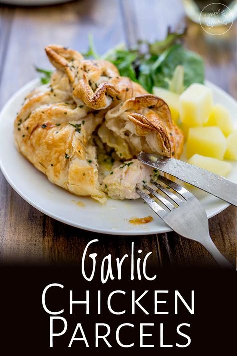 These Garlic Chicken Parcels are easy to make and look super impressive, plus they are make ahead! Individual puff pastry parcels (using pie crusts) are filled with juicy chicken and oozing with garlic butter. Serve with potatoes and salad for an easy weeknight family dinner, half the recipe and serve them just for two on a date night. Or they are fancy enough for entertaining and can be prepared ahead of time and then just popped in the oven to cook when you sit down for appetizers. Chicken Parcels, Easy Fancy Dinner, Filo Dough, Fancy Dinner Recipes, Pie Crusts, Puff Pastry Recipes, Easy Entertaining, Best Chicken Recipes, Juicy Chicken