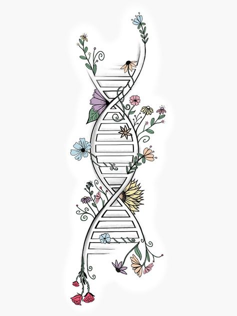 "floral DNA with colour " Sticker by ktclarke97 | Redbubble Dna Aesthetic Drawing, Dna Wallpaper Biology Aesthetic, Dna Border Design, Biology Dna Art, Biology Book Cover Design Aesthetic, Laptop Tattoo Ideas, Biology Aesthetic Art Easy, Plant Biology Art, Biology Related Drawings