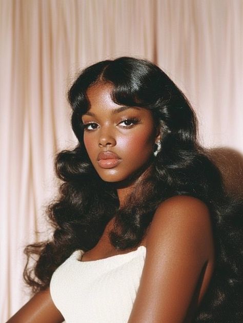 Vintage Italian Hairstyles, Old Money Makeup Black Women, Princess Era Aesthetic, Socialite Aesthetic Vintage, Vintage Makeup Black Women, 60s Hairstyles Black Women, Soft Glam Photoshoot, 80s Hair Black Women, Pinup Hairstyles For Black Women