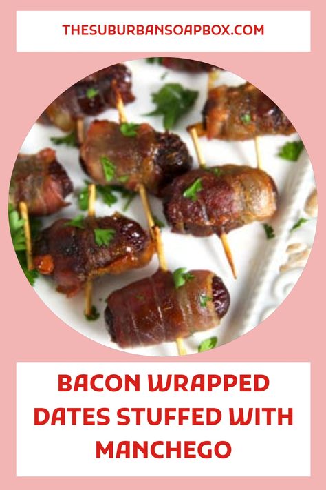 Sweet and Savory, Bacon Wrapped Dates are stuffed with melted Manchego cheese for the easiest and most delicious appetizer ever made. Bacon Wrapped Dates With Manchego, Manchego Stuffed Dates, Manchego Cheese Recipes, Bacon Wrapped Figs, Guest Recipes, Bacon Dates, Dates Stuffed, Savory Bacon, Wrapped Dates