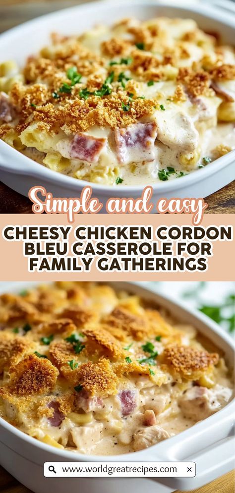 Dive into the ultimate comfort food with this Chicken Cordon Bleu Casserole that combines tender chicken, savory ham, and gooey Swiss cheese for a mouthwatering experience. Perfect for family dinners or meal prep, this casserole is easy to make and packed with flavor. Just layer the ingredients, bake until golden brown, and enjoy this rich, creamy dish. Don't forget to serve it with a fresh salad or crusty bread for the perfect meal that everyone will love! Chicken Ham And Cheese, Chicken Cordon Bleu Casserole Recipe, Baked Chicken Cordon Bleu, Ham Casserole Recipes, Easy Chicken Cordon Bleu, Baked Chicken Casserole, Savory Ham, Chicken Cordon Bleu Recipe, Cordon Bleu Casserole