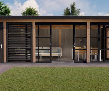 Tuinhuis met Overkapping - Bekijk ons Assortiment | Wesa Tuinhout Contemporary Garden Rooms, Glass Cabin, Outdoor Barbeque, Backyard House, Patio Enclosures, Backyard Pavilion, Garden Bbq, Container House Plans, Garden Deco