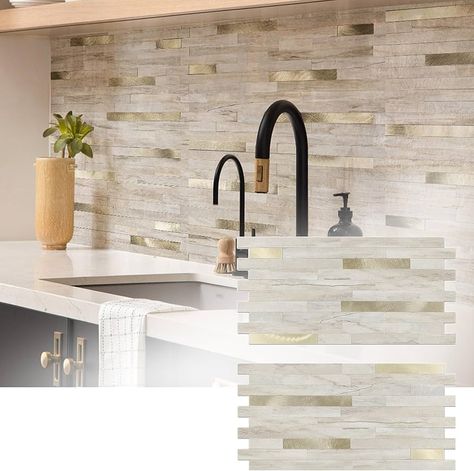 Amazon.com: KASARO 20 Sheets Peel and Stick Backsplash Tile, Stick on Kitchen, Bathroom, Fireplace and RV, PVC Adhesive Mosaic Marble Beige with Vintage Gold Embellished Stripes Wall Tile : Tools & Home Improvement Cream Tiled Kitchen, Earth Tone Kitchen Backsplash, Natural Backsplash Kitchen, Peel And Stick Kitchen Cabinets, Backsplash For Brown Granite Countertops, Textured Backsplash Kitchen, Peel And Stick Tile Backsplash Kitchen, Backsplash Behind Stove Only, Gold Backsplash Kitchen