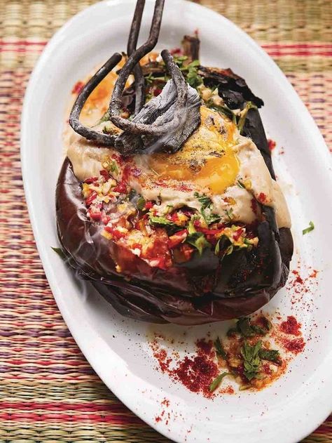 Whole burnt aubergine | Jamie Oliver recipes Burnt Aubergine, Aubergine Recipe, Cooking Over Fire, Vegetarian Barbecue, Tahini Paste, Salad Rolls, Jamie Oliver Recipes, Outdoor Eating, Tahini Sauce