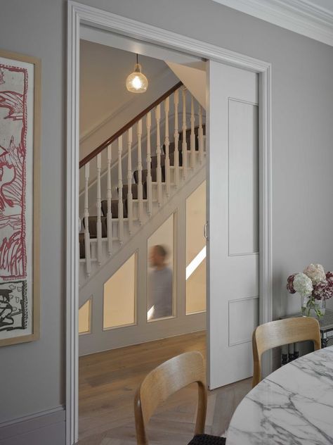 Victorian Terrace Kitchen Extension, Victorian Terrace Kitchen, Door Under Stairs, Stardew House, Dining Room London, Cellar Conversion, Victorian Lounge, Glass Pocket Door, Cavity Sliding Doors