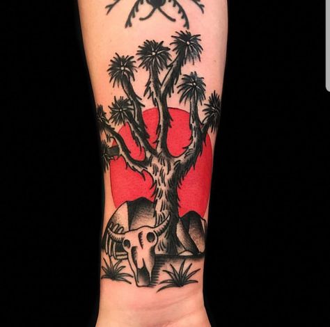 Tattoo done by idlehandsf Desert Tattoo, Traditional Tattoo Stencils, Cowboy Tattoos, Cow Tattoo, American Traditional Tattoo Ideas, Traditional Tattoo Ideas, Sunset Tattoos, Cactus Tattoo, Mark Tattoo