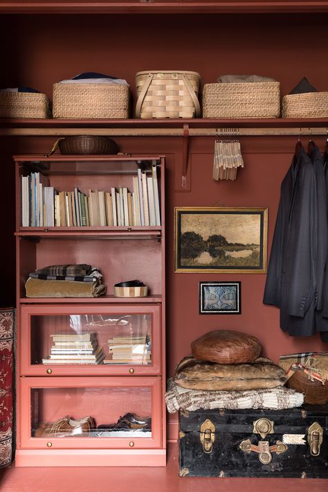 Picture Gallery Red, Candy Stripe Wallpaper, Red Closet, Closet Transformation, Old Refrigerator, Removing Carpet, Farrow And Ball, Room Closet, Striped Wallpaper