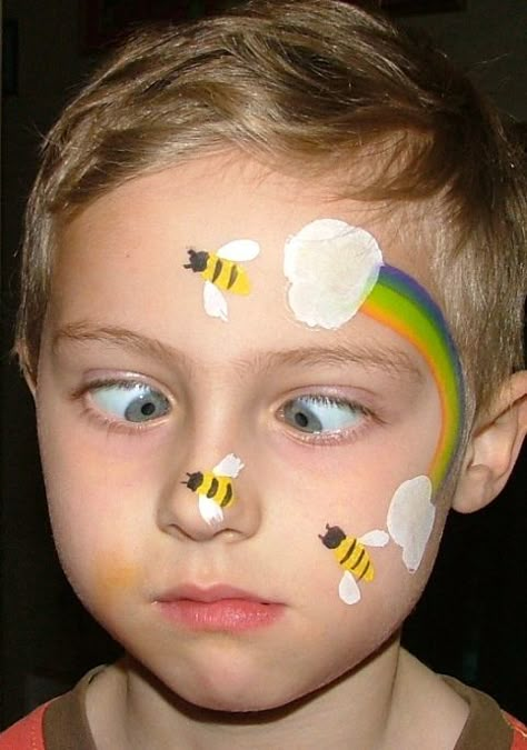 Bee and Rainbow face-paint concept Bee Face Paint, Kids Face Painting Easy, Face Painting Ideas For Kids, Easter Face Paint, Easy Face Painting Designs, Rainbow Face Paint, Painting Ideas For Kids, Face Painting Ideas, Cheek Art