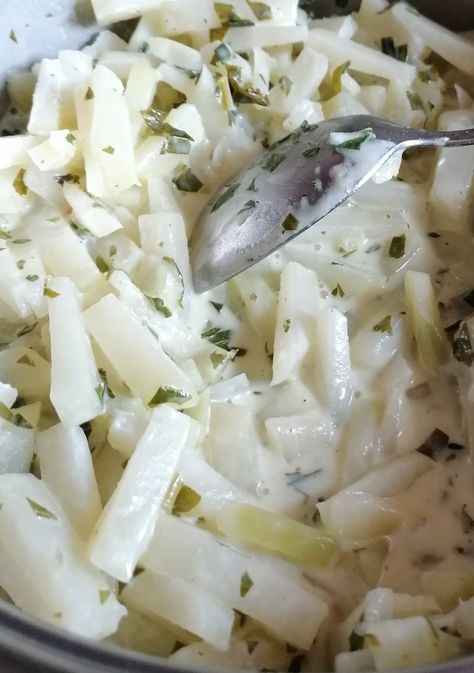 Sauteed Kohlrabi With Cream Sauce Kohlrabi Recipes Healthy, Kohlrabi Recipes, Lemon Cream Sauce, Carb Sides, Cream Sauce Recipe, White Sauce Recipes, Cream Sauce Recipes, Ethnic Food, Keto Side Dishes