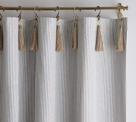 $111 marked down from $139! The Emily & Meritt Ticking Stripe Curtain With Hook And Tassel #curtains #home #decor #boho Ticking Stripe Curtains, Cortina Boho, Balcon Mic, Primitive Bathrooms, Emily And Meritt, Living Room Decor Curtains, Striped Curtains, Farmhouse Curtains, Curtains Living