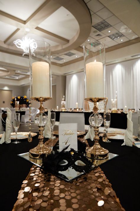 Black White And Gold 50th Anniversary, Black And Gold Masquerade Party Decor Centerpiece Ideas, Black White And Gold Prom Decor, Black Gold White Centerpieces, Black White And Gold Sweet 16, 50th Black And Gold Party Decorations, Black White And Gold Party Decor, Gold Birthday Party Centerpieces, Black White And Gold Centerpieces