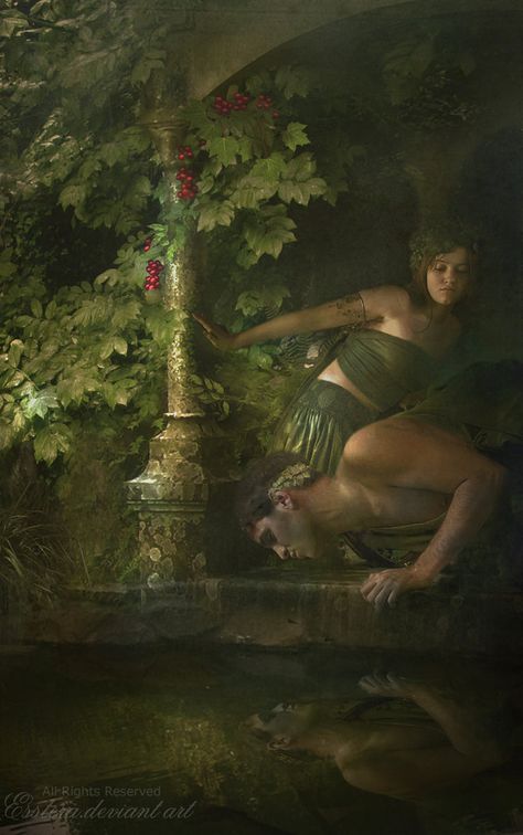 Echo and Narcissus - by *esstera  http://esstera.deviantart.com Echo Greek Mythology, Echo And Narcissus, Greece Mythology, Eros And Psyche, Narcissistic Personality, Celtic Mythology, Greek Mythology Art, Greek And Roman Mythology, Roman Mythology