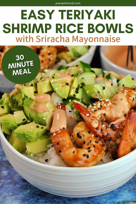 Teriyaki shrimp rice bowls with sriracha mayo are a flavor-packed family favorite! Customize with avocado, cucumber, and your choice of protein for a kid-approved meal and perfect for adults. Serve hot or cold, making it a super convenient option for quick lunches! Shrimp Sushi Bowl, Bbq Pineapple Chicken, Dinner Waffles, Make Teriyaki Sauce, Teriyaki Shrimp, Shrimp Rice, Avocado Cucumber, Sriracha Mayo, Rice Bowls Recipes