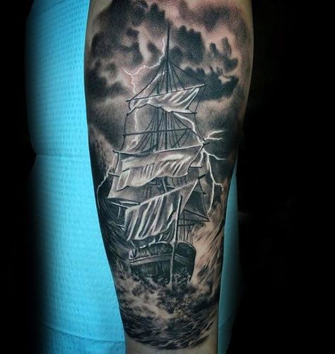 Masculine Leg Ship Thunderstorm Tattoos For Men Ship Tattoos For Men, Thunderstorm Tattoo, Blitz Tattoo, Pirate Ship Tattoos, Cloud Tattoo Design, Storm Tattoo, Boat Tattoo, Night Tattoo, Shoulder Piece