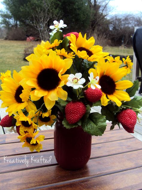 Summer Sunflowers and Strawberries Country Mason Jar Floral Arrangement Centerpiece ~ Pint Size by KreativelyKrafted Strawberry And Sunflower, Mason Jar Flower Arrangements, Strawberry Pictures, Sunflower Birthday Parties, Picnic Baby Showers, Strawberry Heart, Sunflower Wedding Bouquet, Strawberry Hearts, Summer Tattoo